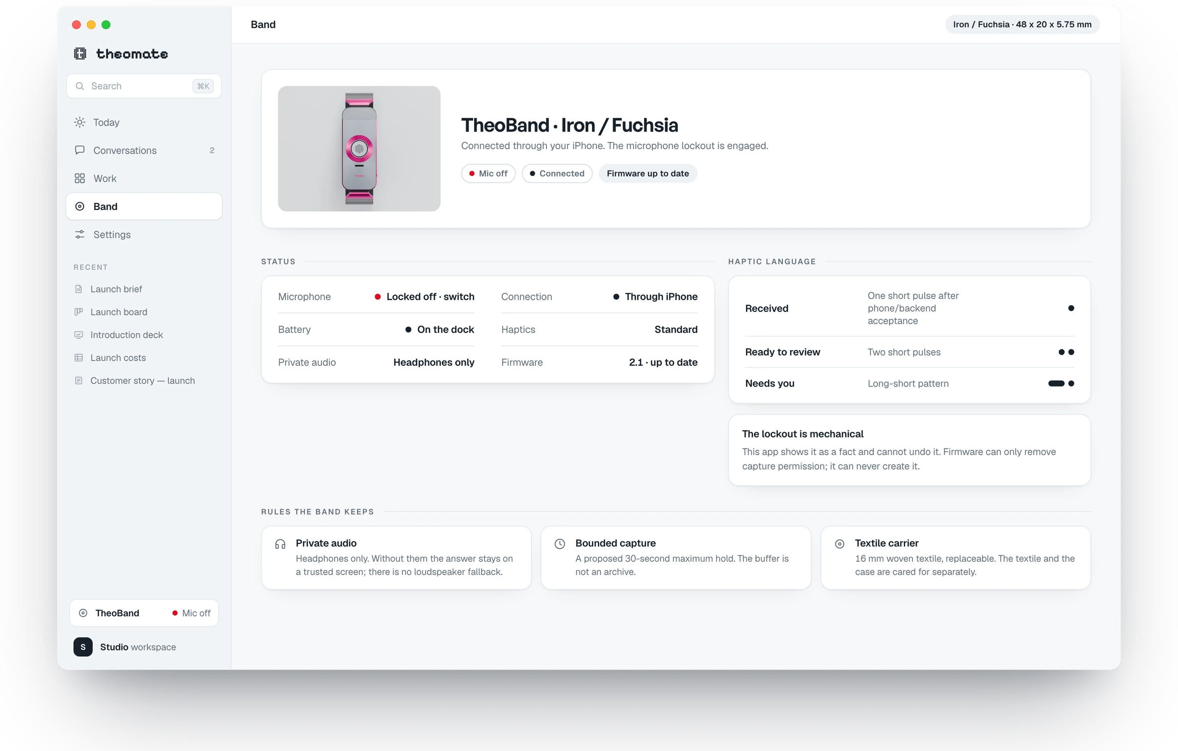 The TheoMate desktop app's Band page: the Iron / Fuchsia band with its microphone locked off, the haptic language, and the rules the band keeps.