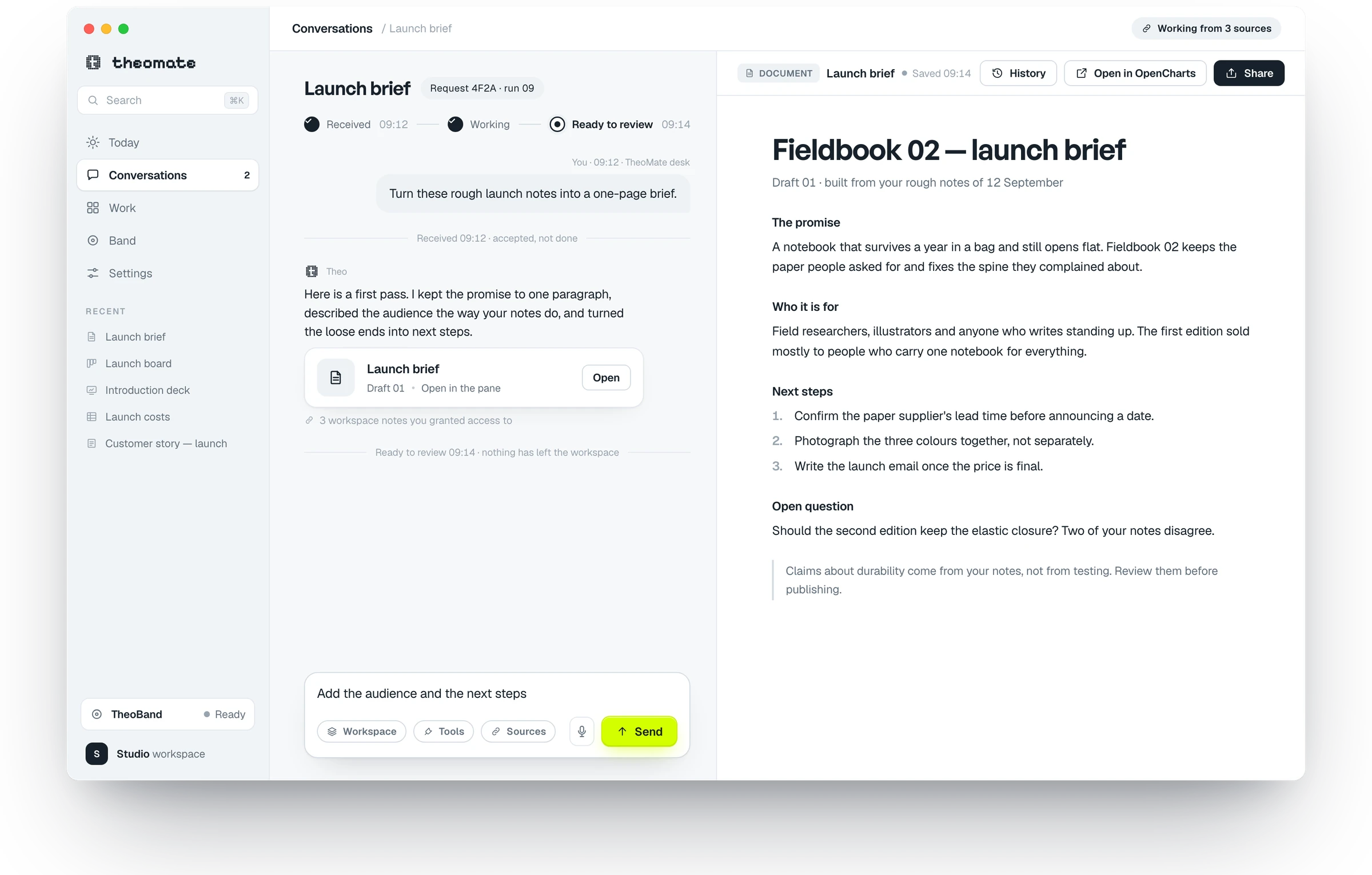The TheoMate desktop app: a conversation about a launch brief on the left, the drafted document open on the right, the request's state across the top.