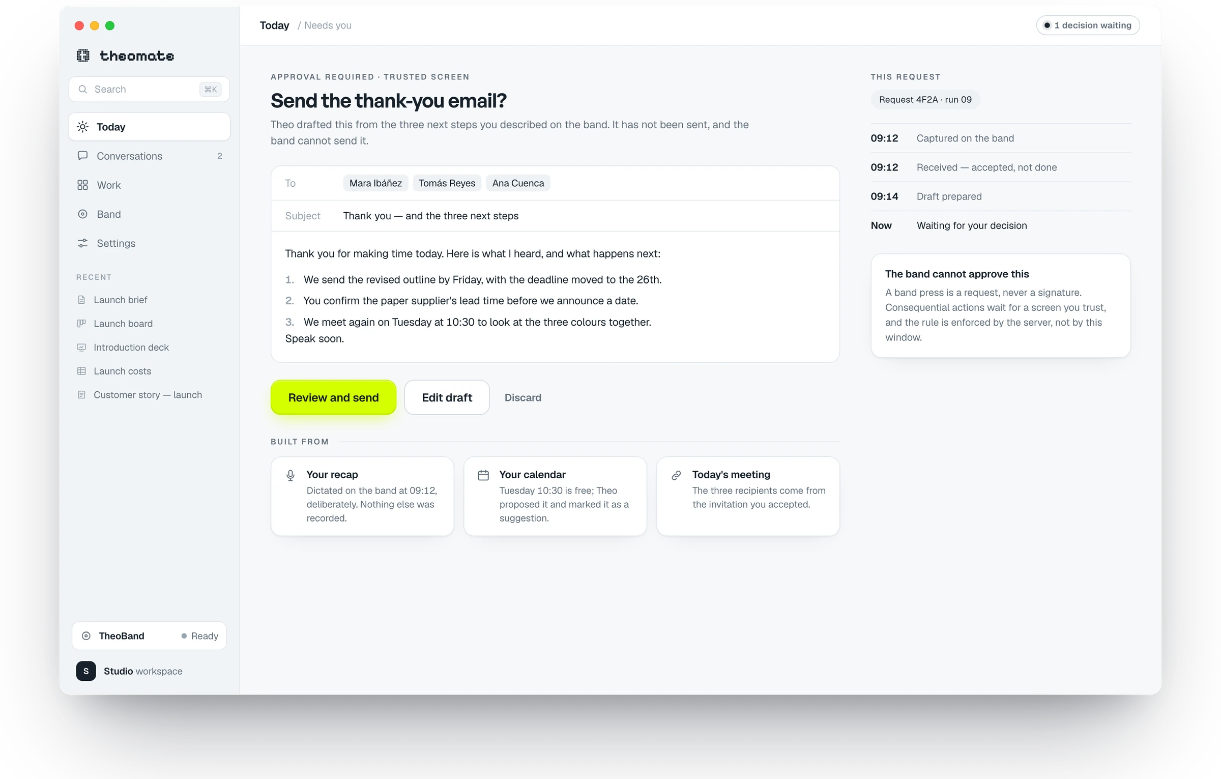 The TheoMate desktop app asking whether to send a drafted thank-you email, with the request's timeline and the three sources it was built from.