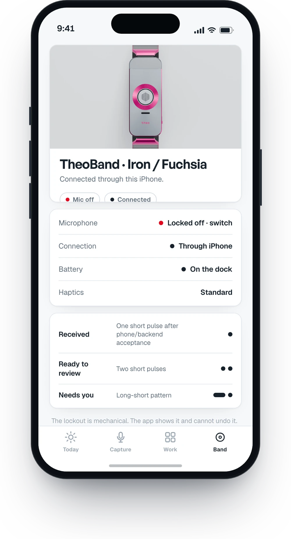 The TheoMate app on an iPhone showing the band's status: microphone locked off, connected through the iPhone, and the three haptic patterns.