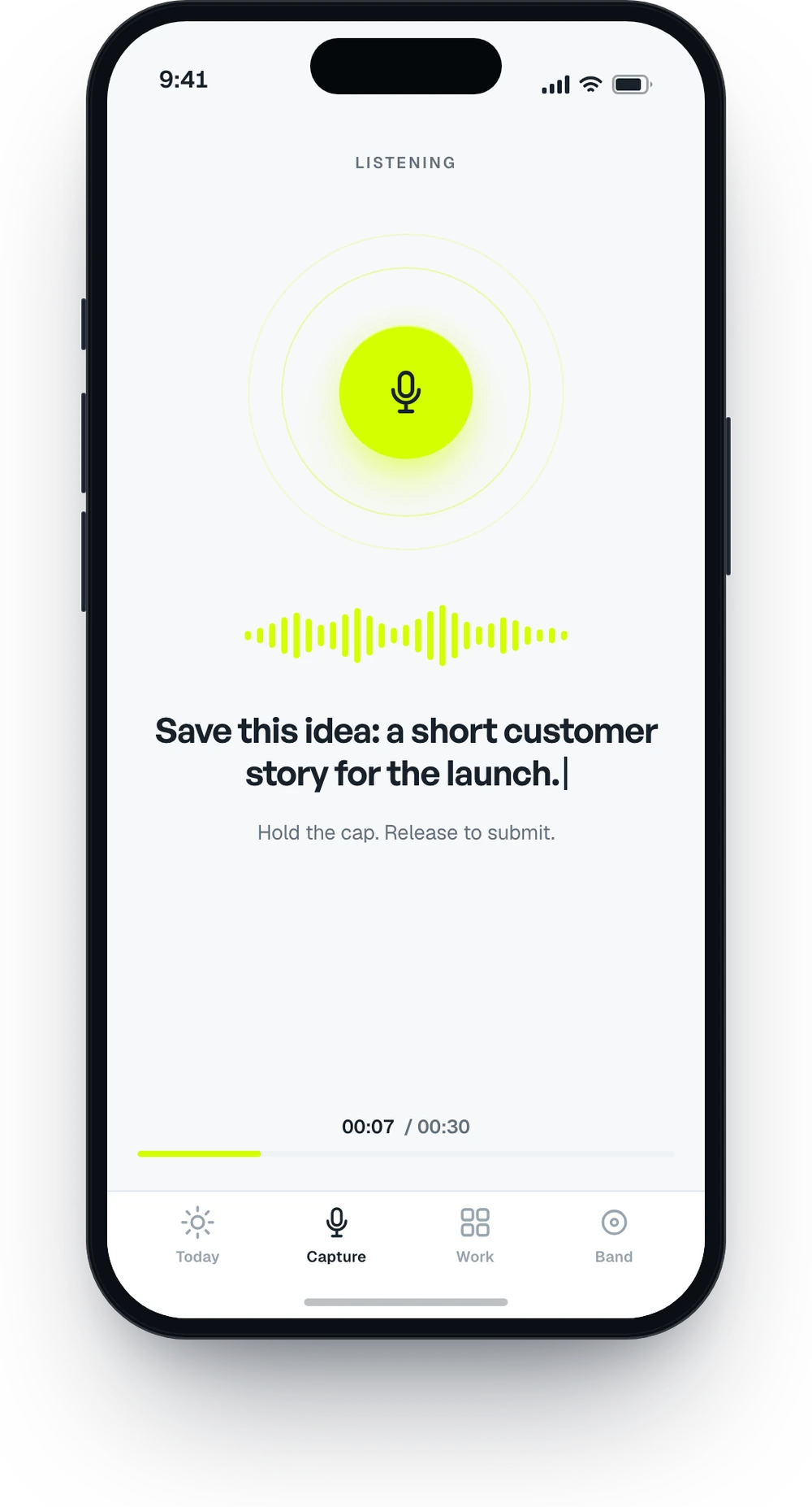The TheoMate app listening: a lit microphone, a live waveform, and the spoken words appearing as text with a thirty-second bound.