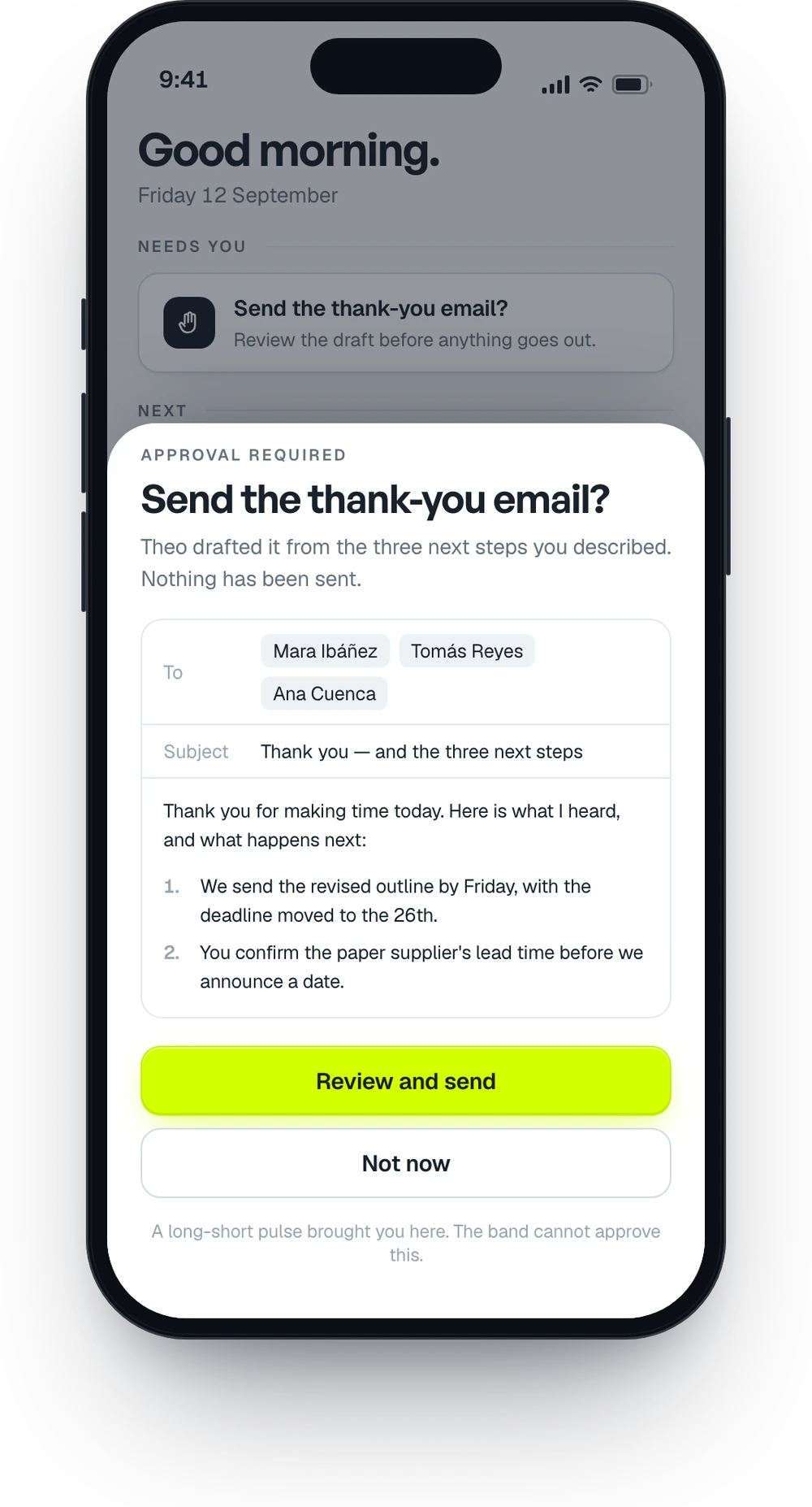 The TheoMate app on an iPhone: a sheet asking whether to send the thank-you email, offering Review and send, or Not now.