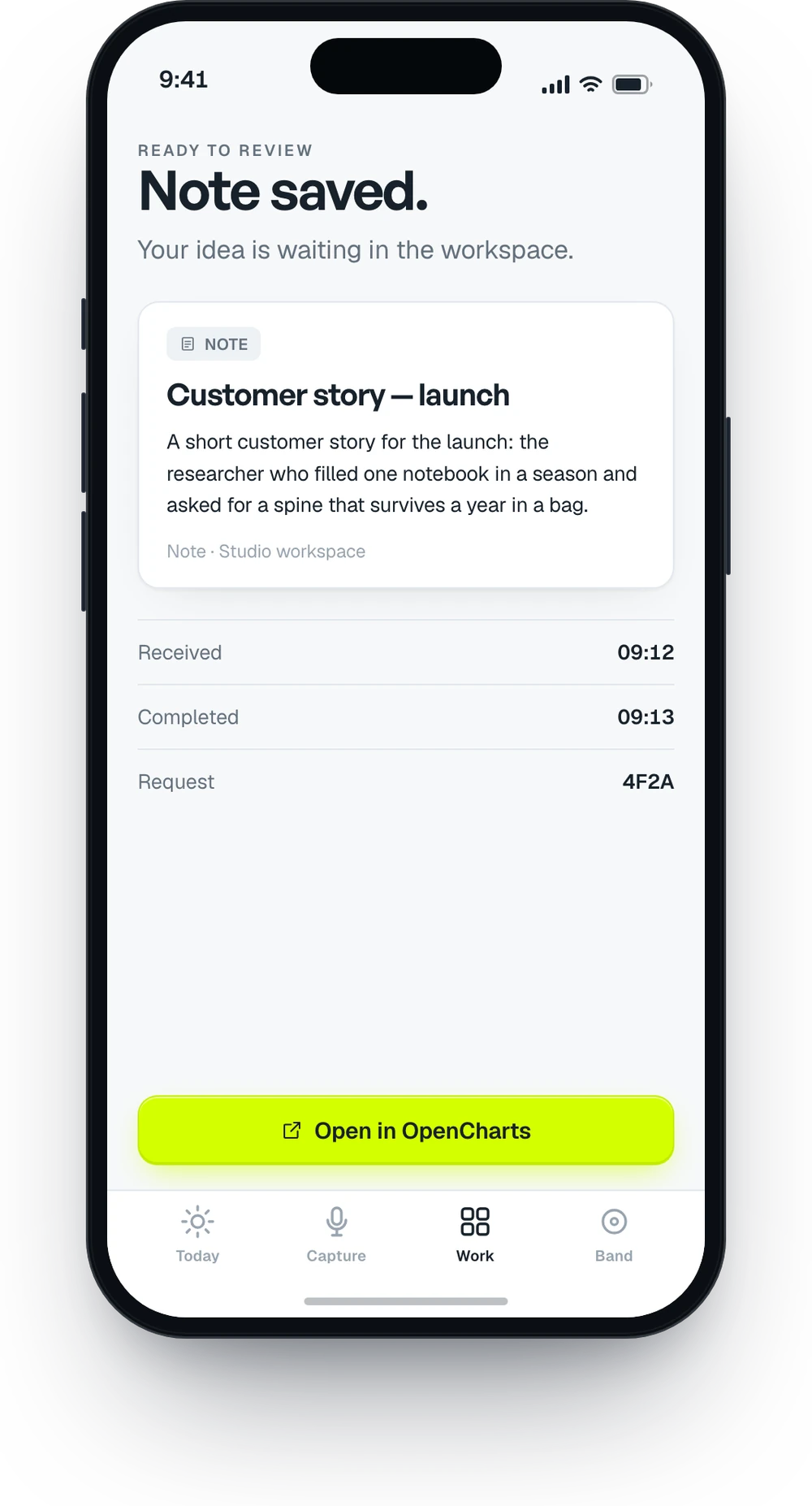 The TheoMate app showing a saved note: the customer story Theo wrote, with its request identity and a button to open it in OpenCharts.