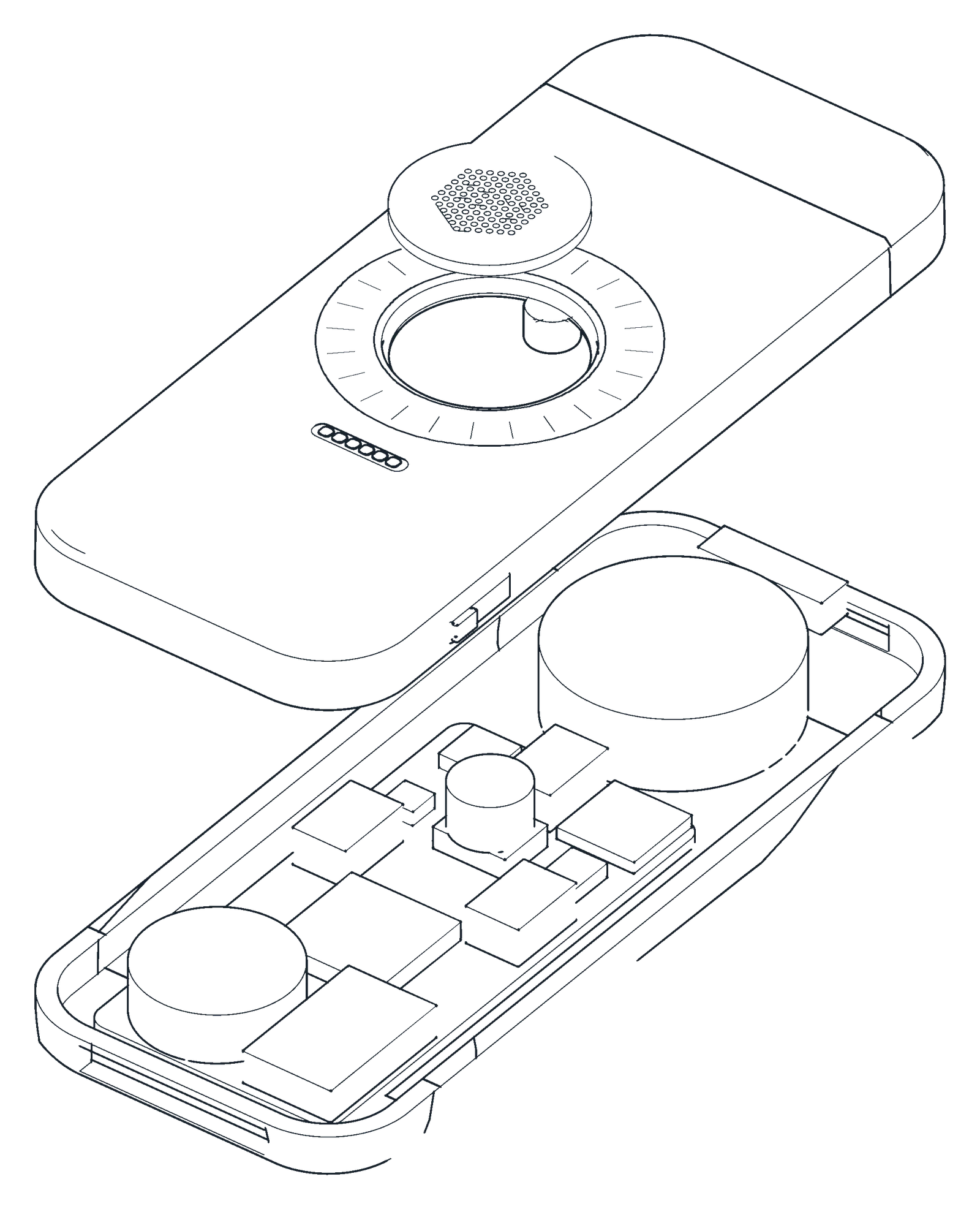Exploded line drawing of the TheoBand: hold cap and dial ring lifted off the body, crown, switches, cell and board beneath.