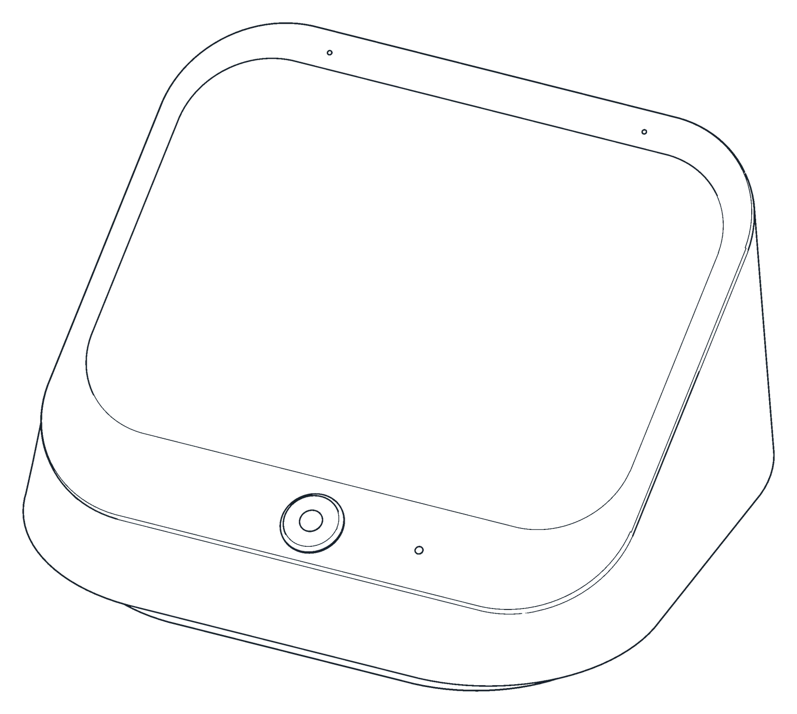 Line drawing of the TheoMate Desk: the tilted face, the centre key and the lit ring, seen from the front.