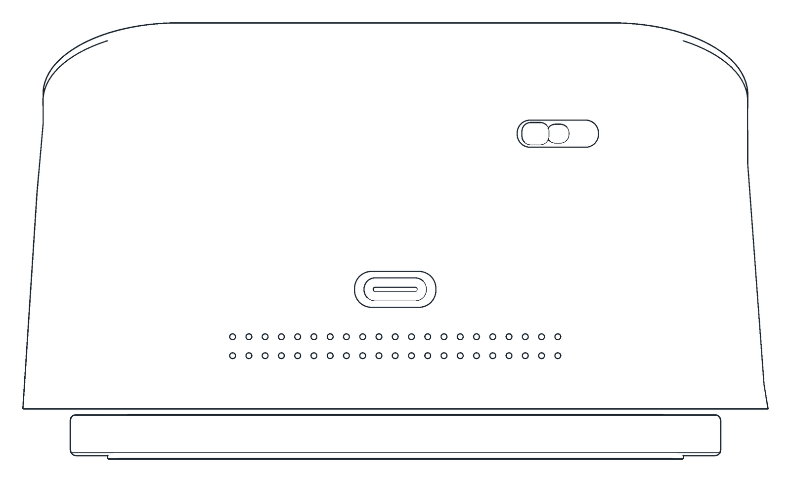 Line drawing of the desk from the rear: the unmute slide and its witness, the tethered power input and the removable base.