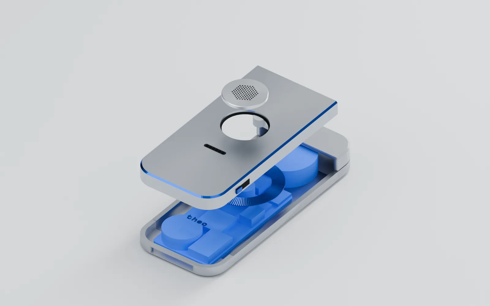 Rendered fit study: the hold cap lifted off the body over the component envelopes.