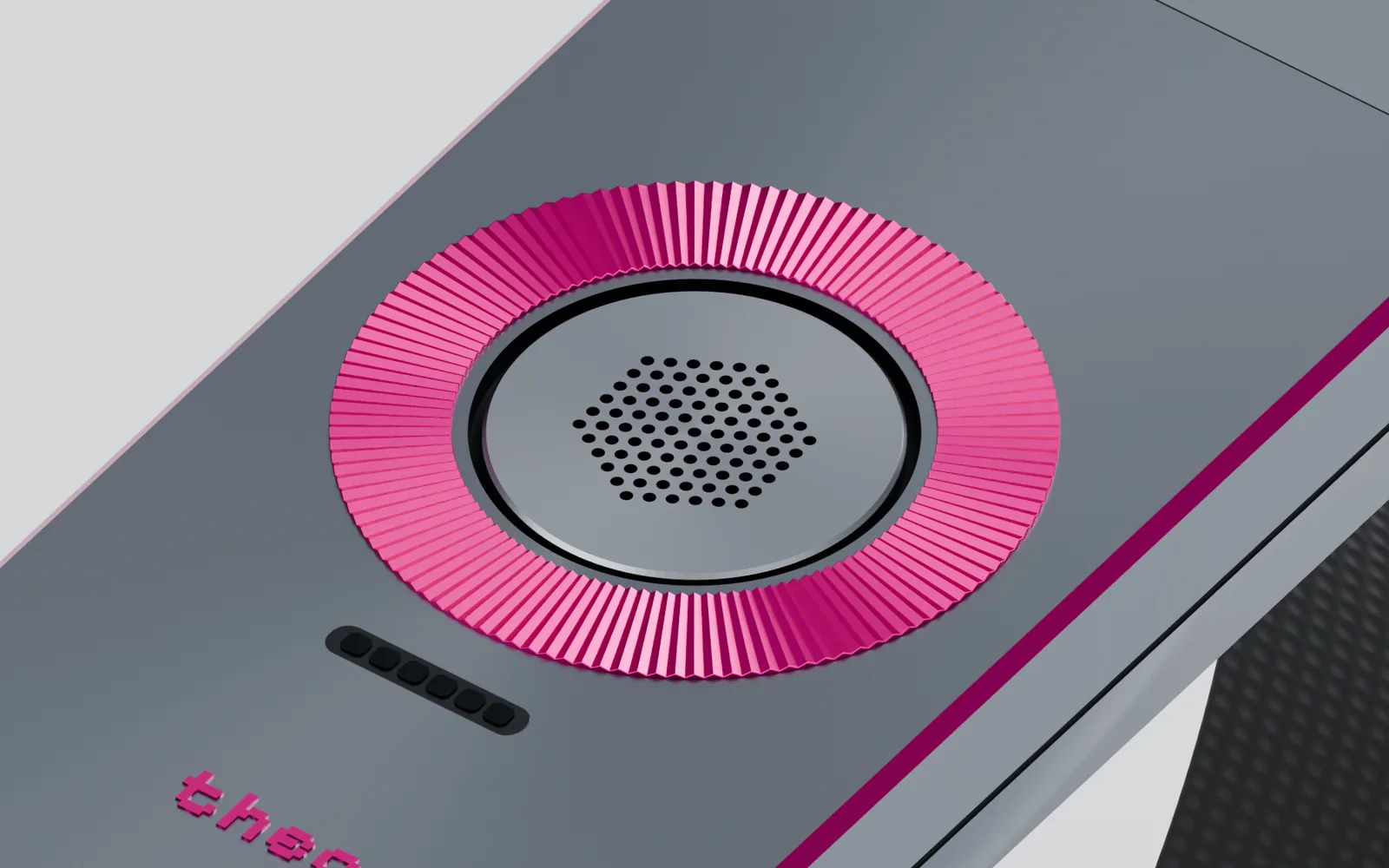 Macro of the Iron / Fuchsia dial ring, the flush crown inside it and the light slot: 120 grooves and 91 apertures.