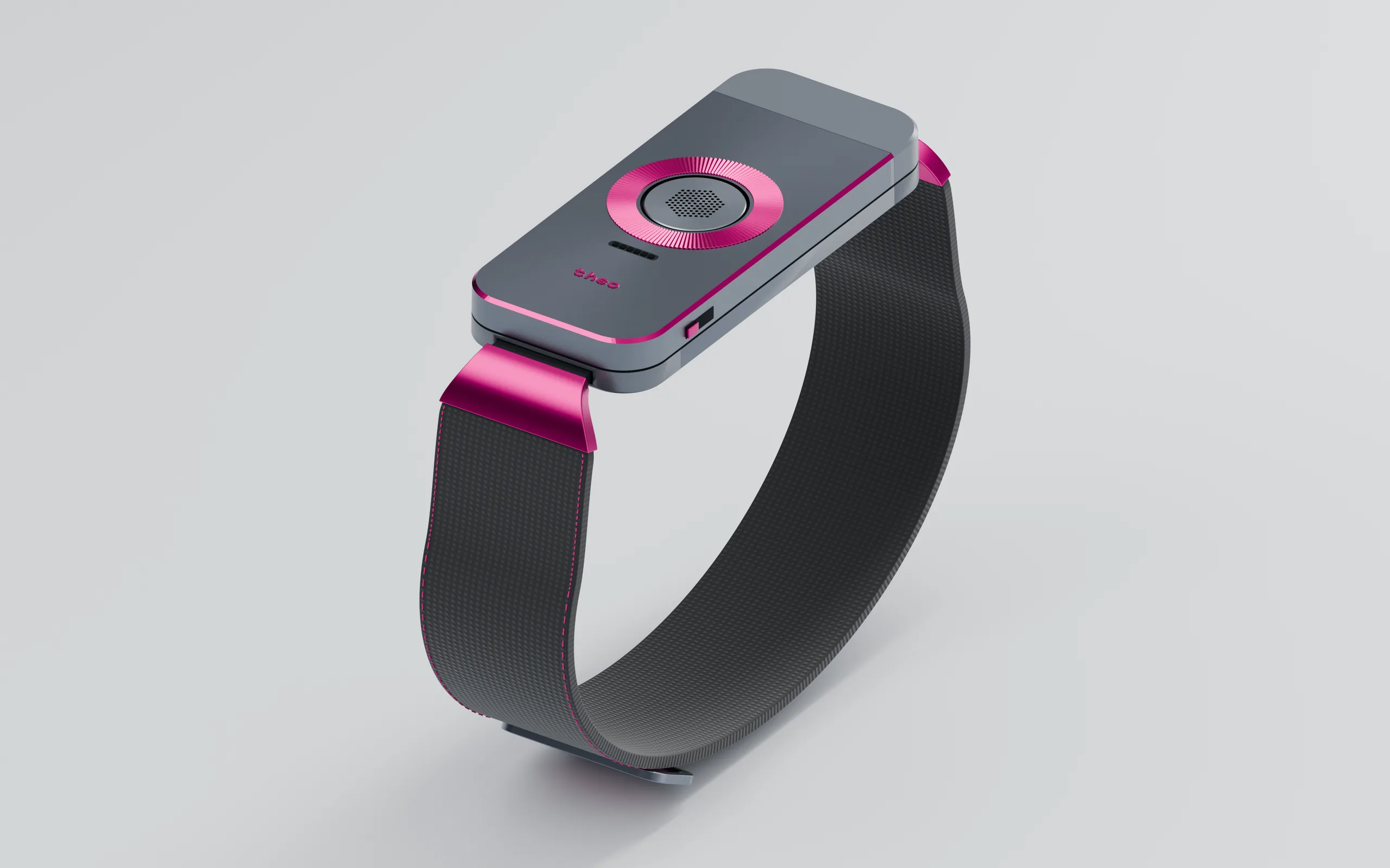 TheoBand EV5 in Iron / Fuchsia: Satin iron anodised body and cap, fuchsia anodised dial, black technical textile with fuchsia stitch.