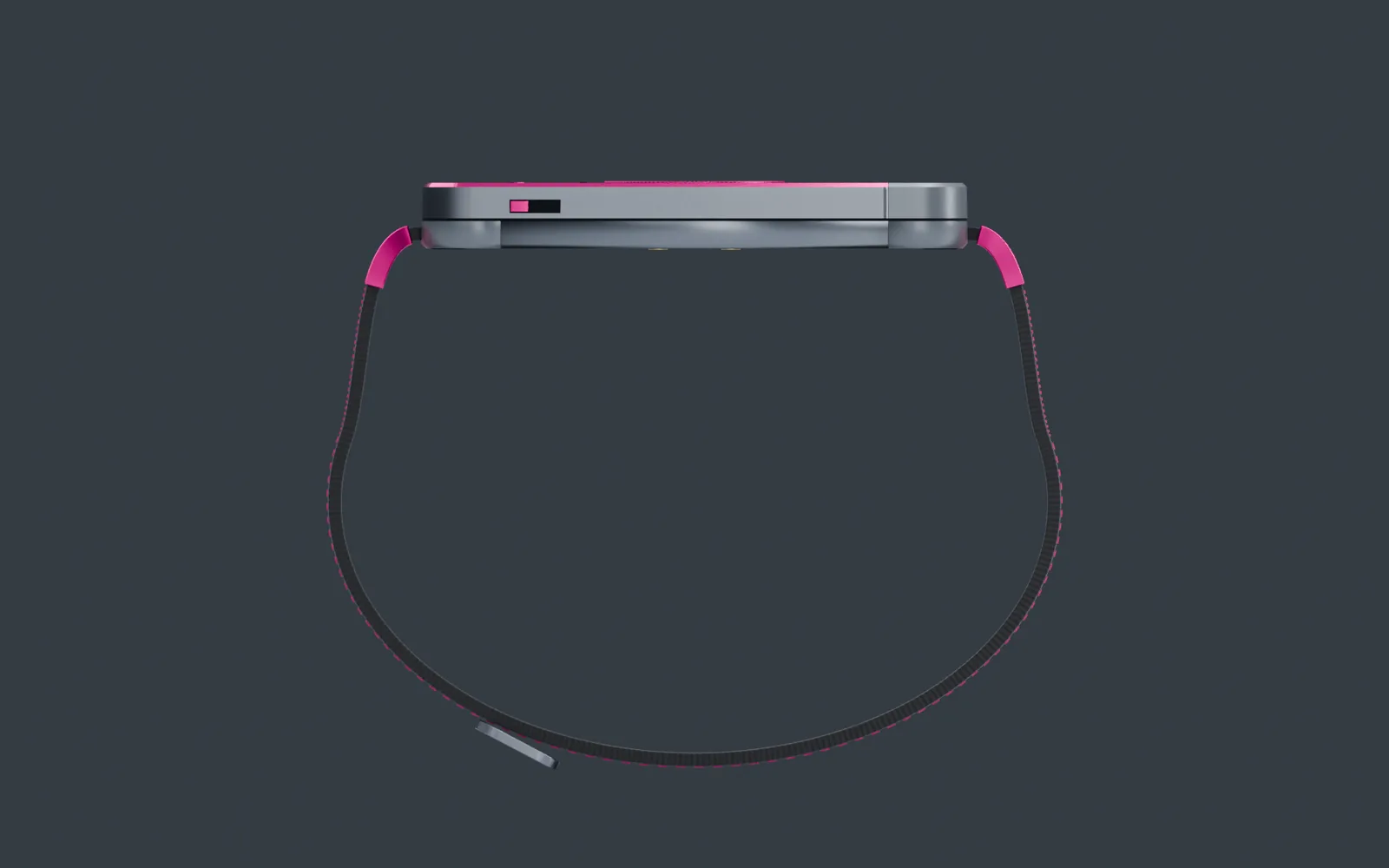 The Iron / Fuchsia band seen edge-on, the case closed into its woven loop.