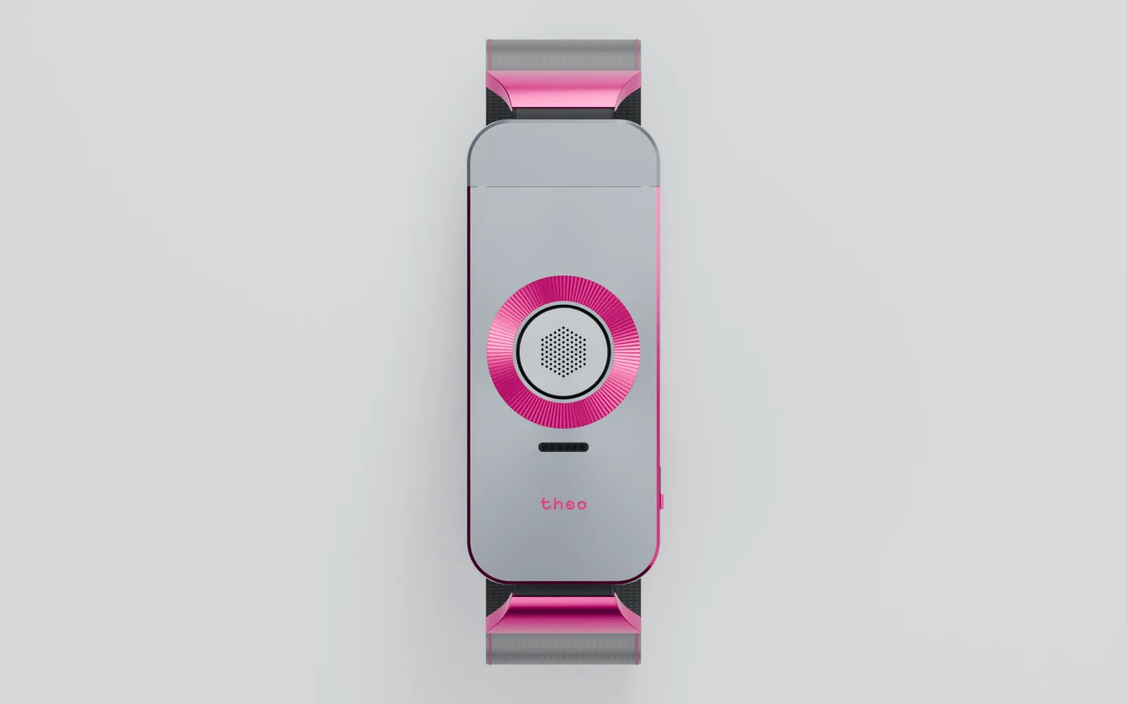 Plan view of the TheoBand EV5 in Iron / Fuchsia, 48 × 20 × 5.75 mm, with the raised theo wordmark between the light slot and the chamfer.