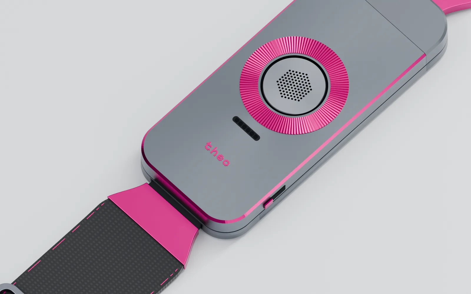 The TheoBand's materials: satin-anodised aluminium meeting colour-matched polymer at the case ends.