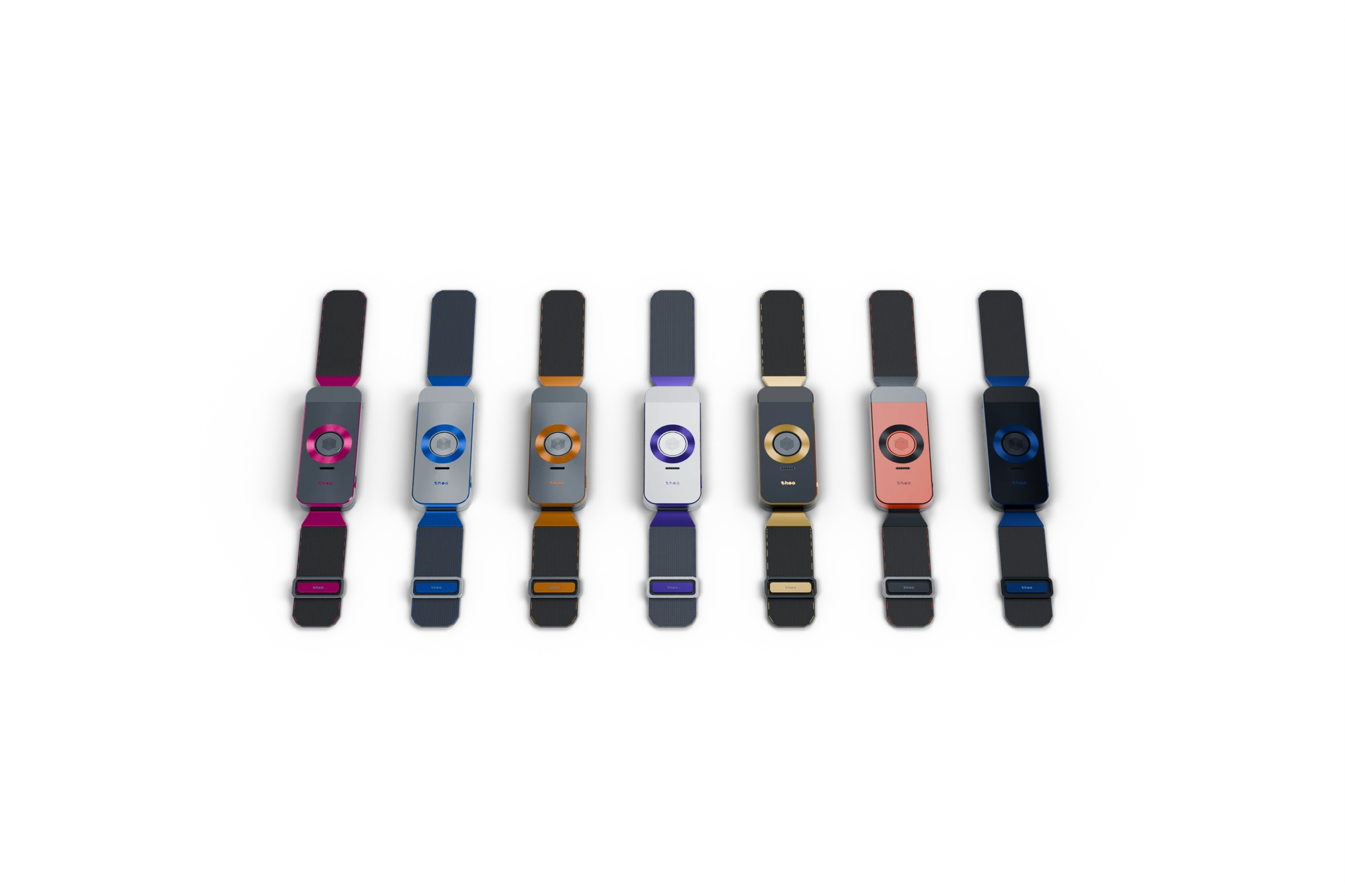 The seven TheoBand EV5 colourways laid out in a row: Iron / Fuchsia, Nickel / Cobalt, Iron / Copper, Nickel / Prussian, Black / Gold, Ceramic Cinnabar and Midnight.