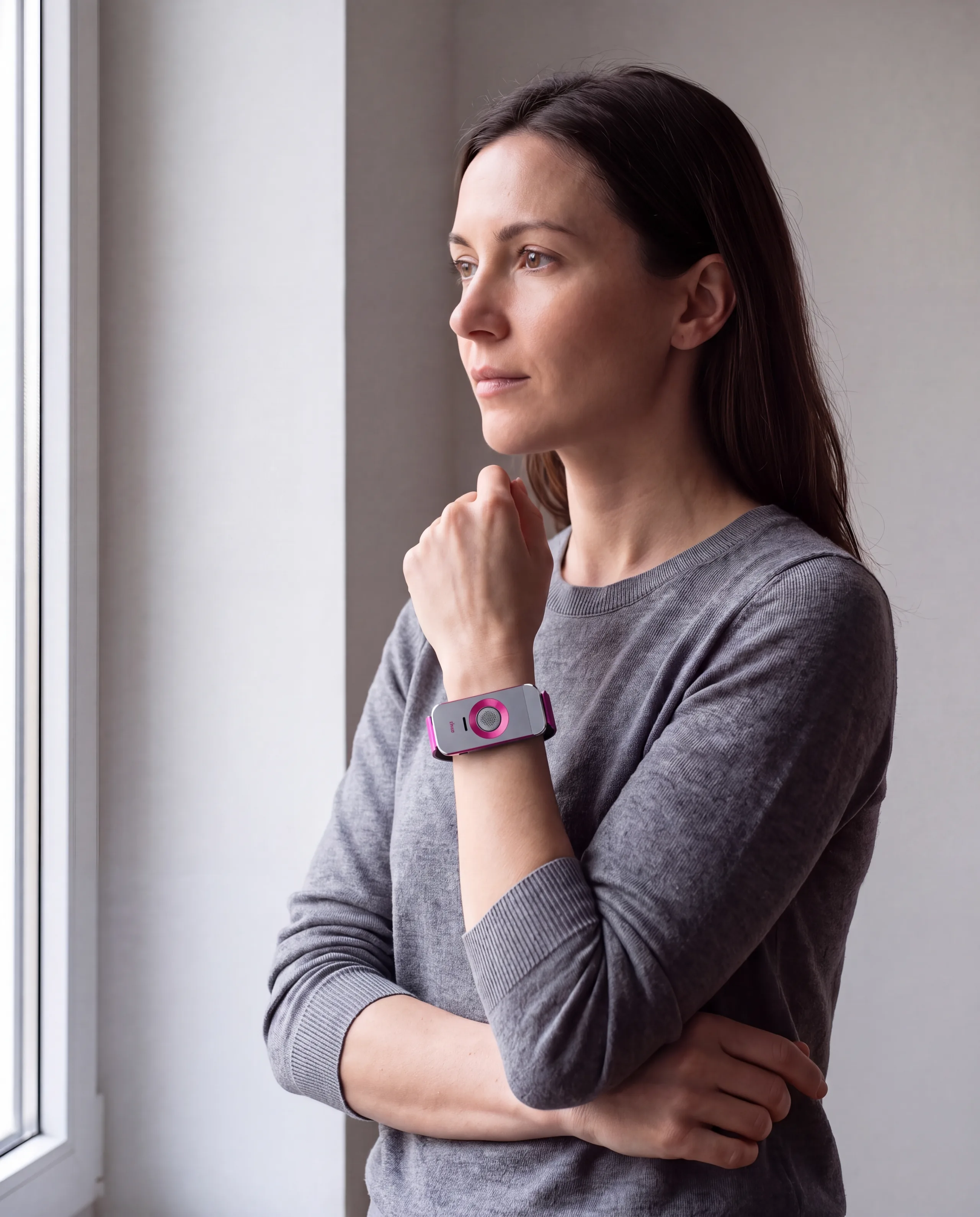 A woman stands at a tall window in soft daylight, hand at her chin, the Iron / Fuchsia band on her wrist.