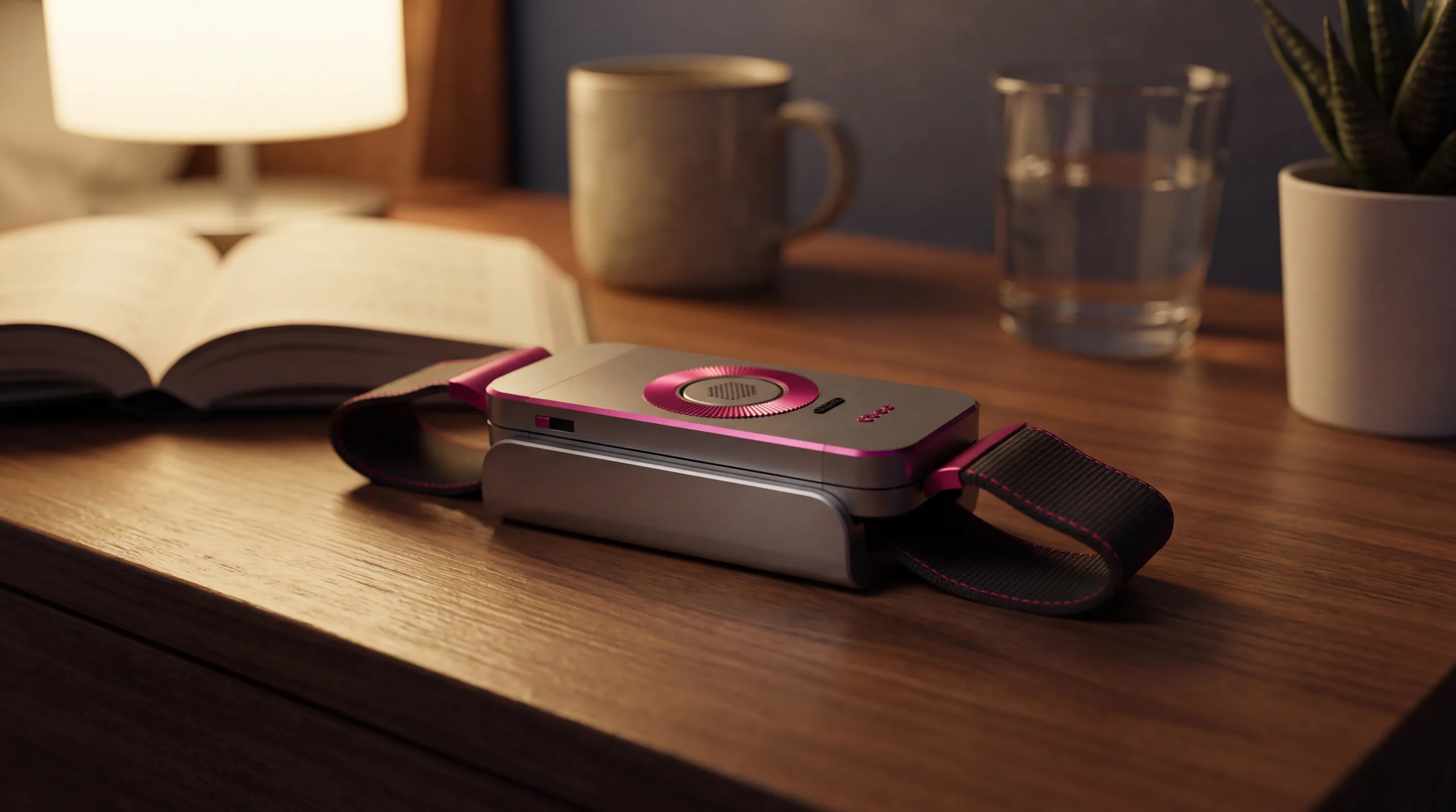 The band seated in its cradle on a wooden nightstand beside an open book.