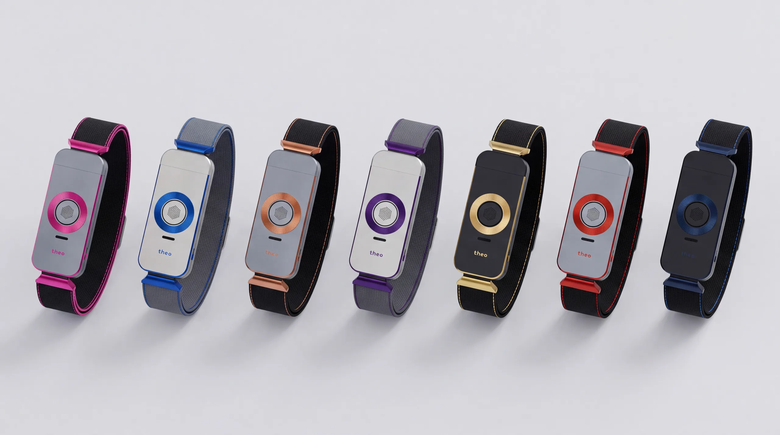 The seven TheoBand EV5 colourways laid out in a row: Iron / Fuchsia, Nickel / Cobalt, Iron / Copper, Nickel / Prussian, Black / Gold, Ceramic Cinnabar and Midnight.