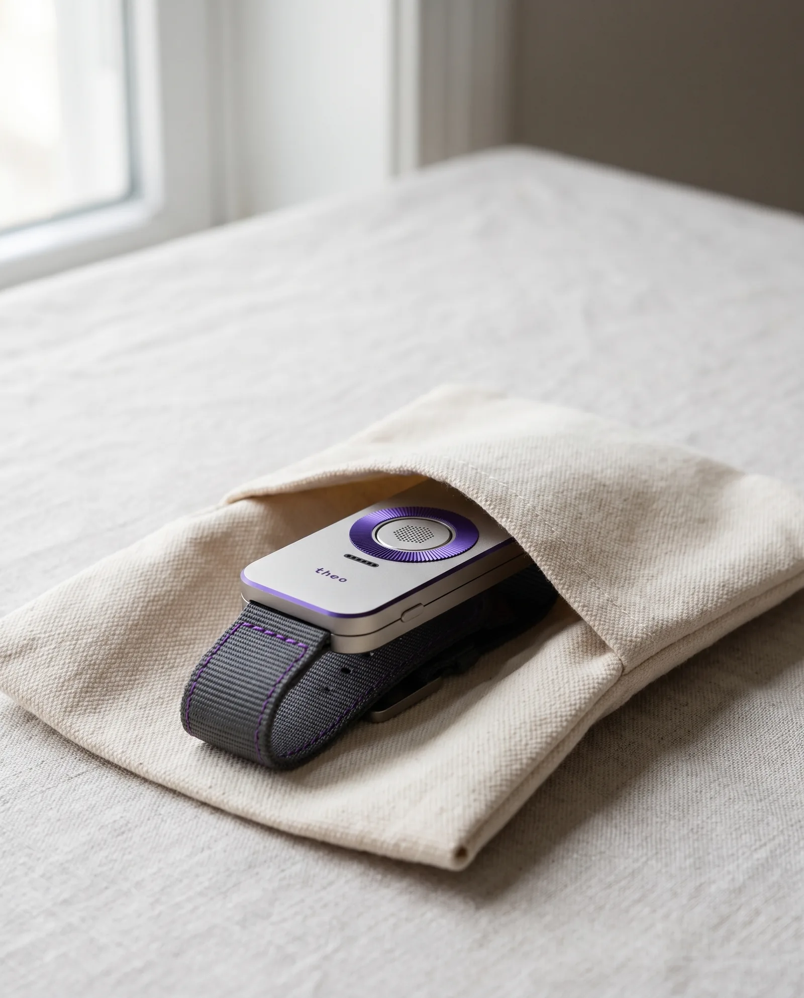The Nickel / Prussian band tucked into a linen travel pouch on a windowsill.