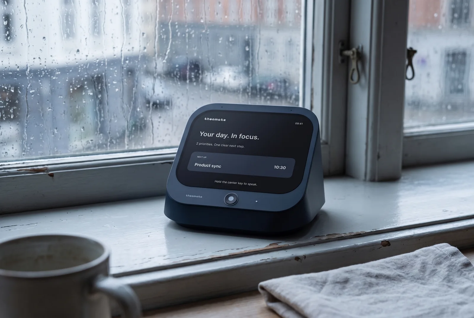 The Midnight desk on a window sill on a grey, rainy afternoon.