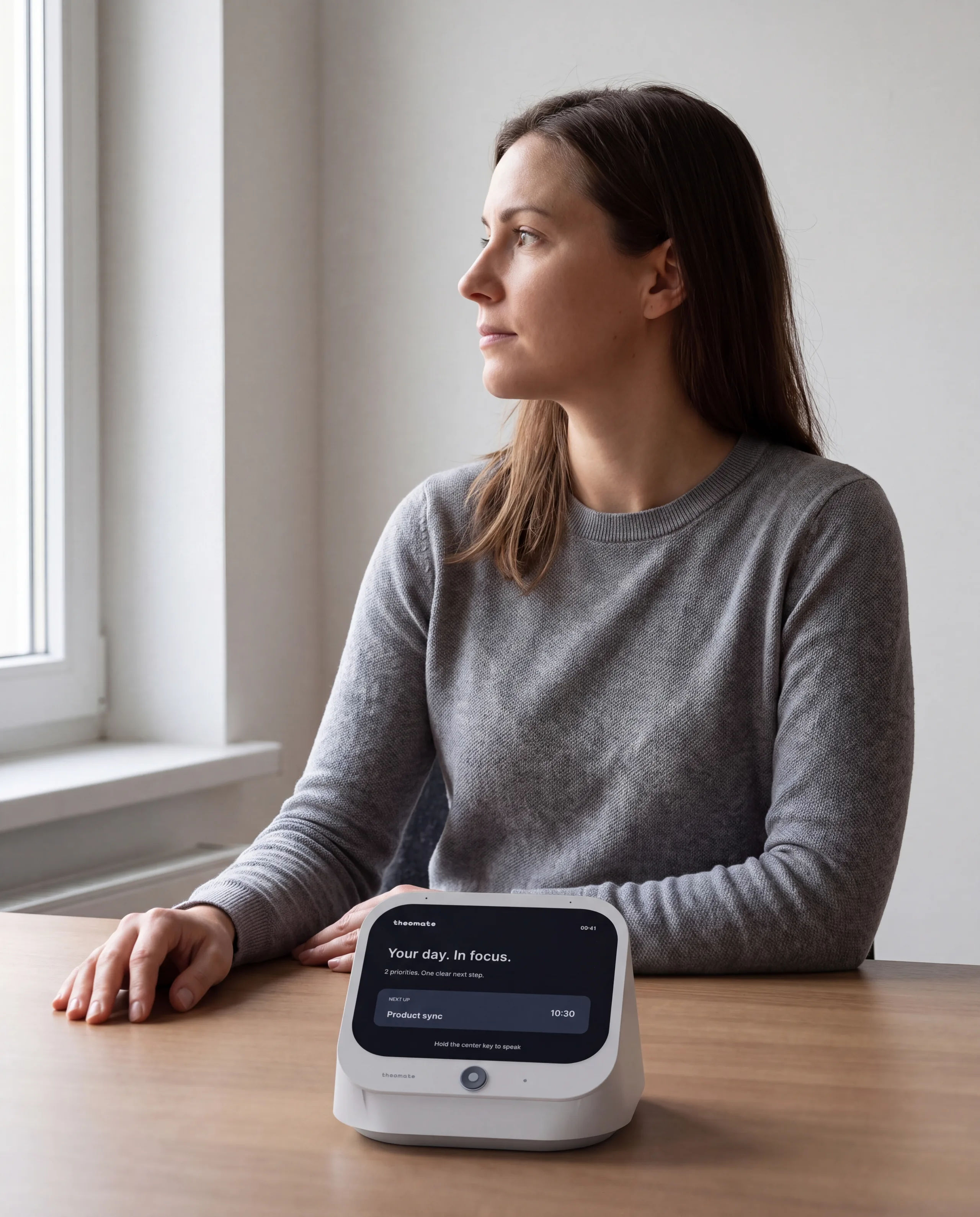 A woman at a home office by a tall window, the Cloud TheoMate Desk on the desk before her.