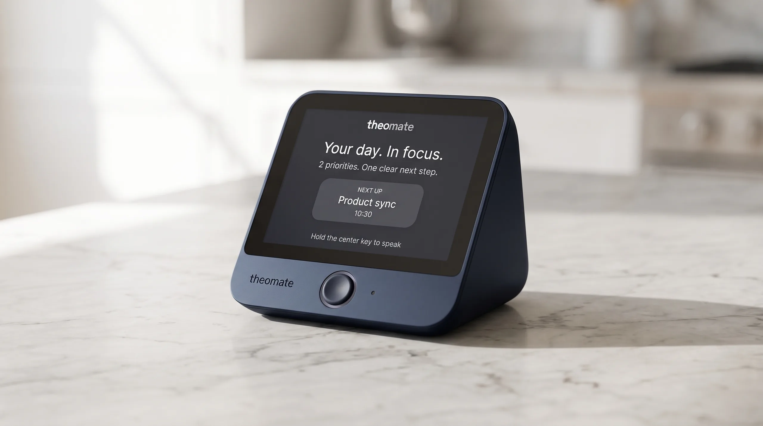 The Midnight desk on a marble counter, its face showing the day in focus.