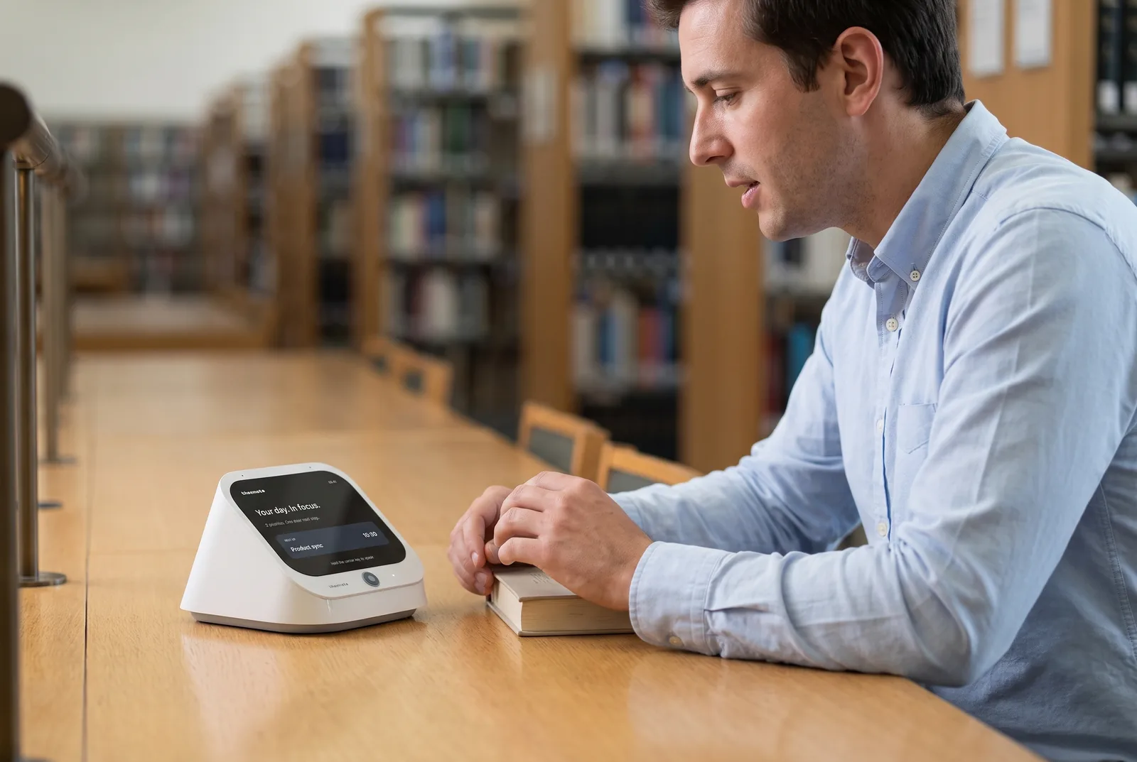 A man reads at a library table, the Cloud desk beside his book.