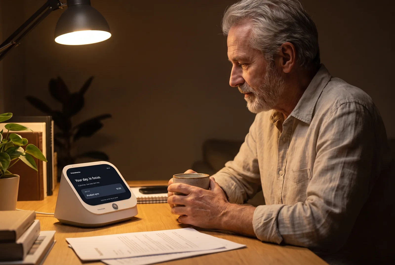 A man at a desk before dawn under a single lamp, the Cloud desk beside his papers.