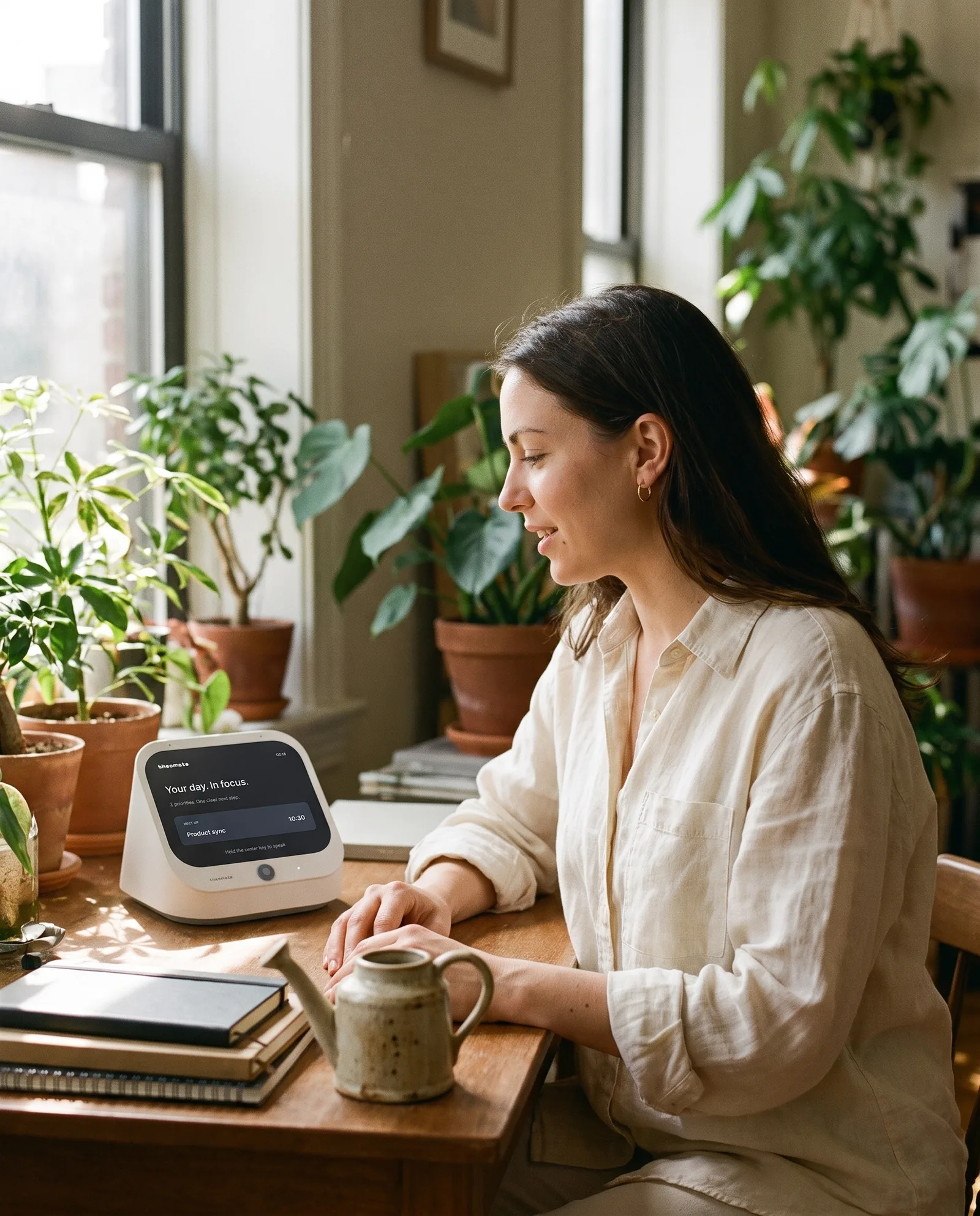 A woman at a plant-lined studio apartment desk, the Cloud desk beside her laptop.