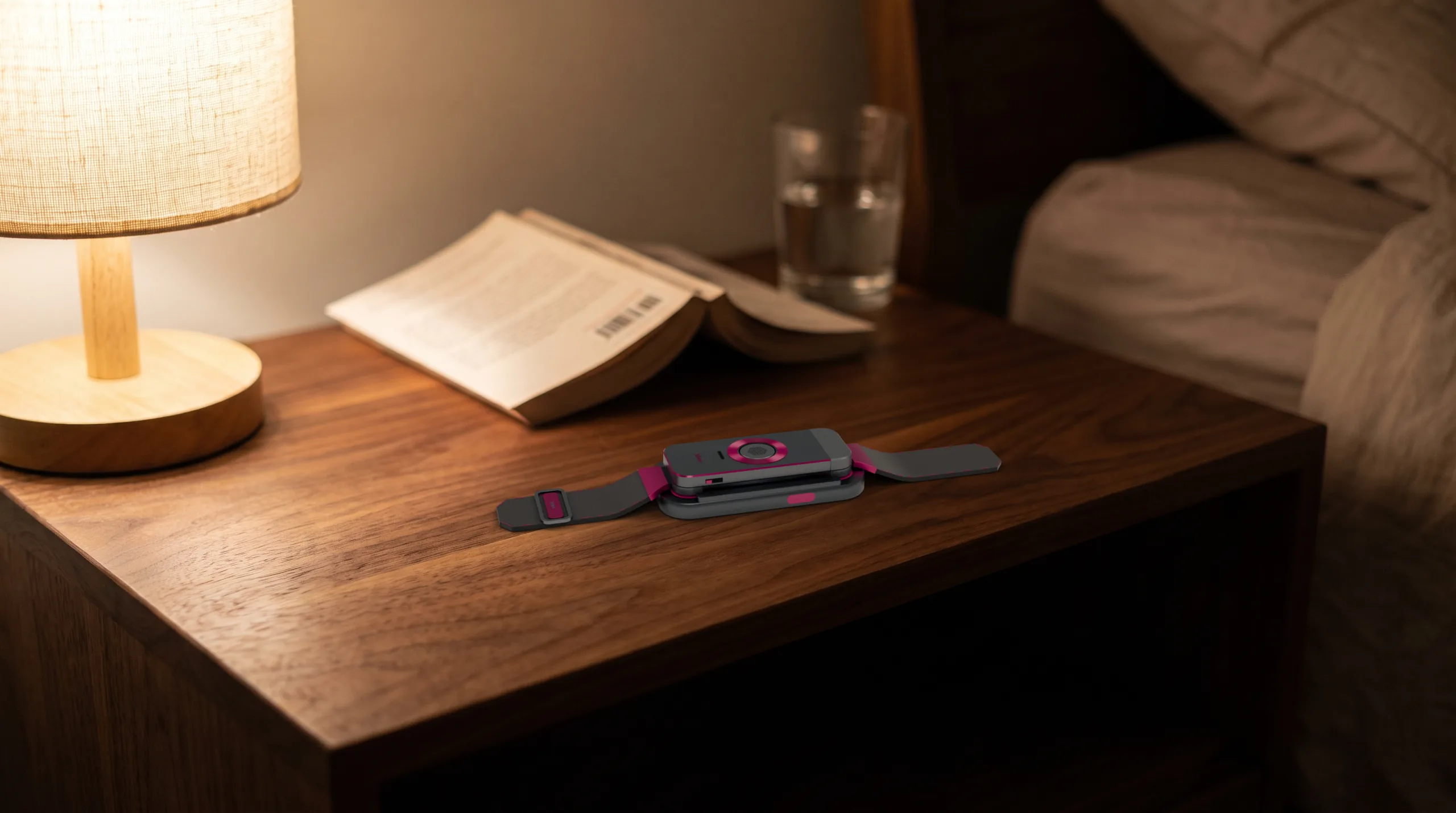 The Iron / Fuchsia band seated in its low satin-iron cradle on a walnut nightstand at night, the woven strap lying out through both open ends, a lamp, an open paperback and a glass of water behind it.