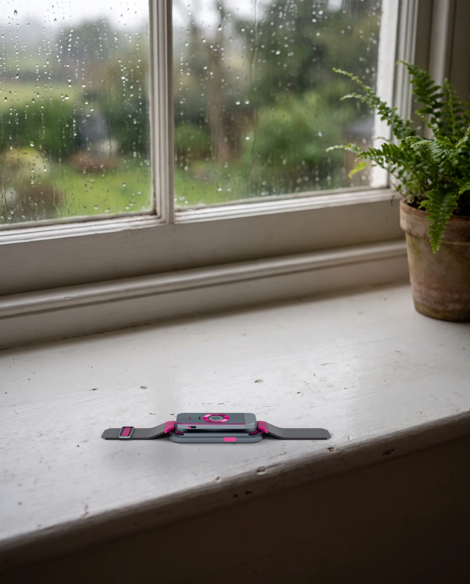 The docked band on a deep white-painted windowsill, rain on the glass behind it and a small fern at the edge of the sill.